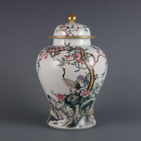 A piece of Qing Dynasty pastel flower and bird pattern inscription poem general jars