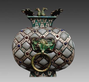A bronze and gold silver inlaid jade bird square bottle of the Warring States period