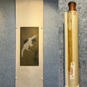 A picture of a crane by Emperor Huizong of the Song Dynasty on silk and a vertical scroll on silk