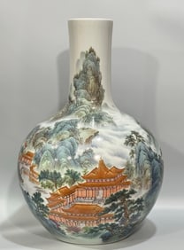 A Qing Dynasty enamel color landscape pavilion figure pattern celestial ball vase