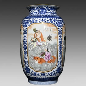 A blue and white windowed pastel eight immortals lantern vase made in the Qianlong year of the Qing