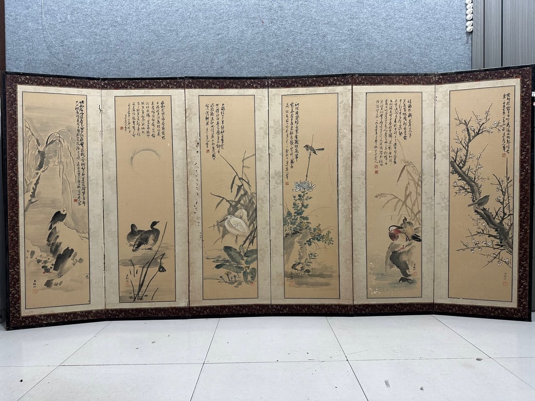 A screen of flowers and birds by Chen Banding: Chen Banding's flowers and birds screen Size:Painting core 31x115cm (The Dimensions Of All Batches Are Manually Measured.If You Need More Detailed Information, Please Contact Our Customer Service Befo