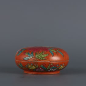 A piece of Qing Dynasty alum red ground pastel peony flower rouge box