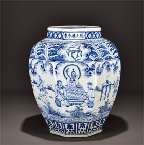 A piece of the Ming Dynasty's Tianshun blue and white group of immortals figure octagonal jar