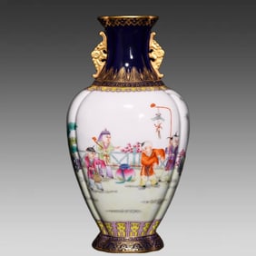 A Qing Dynasty Qianlong year of the sacrifice blue glaze painted gold pastel baby play picture