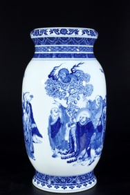 A Qing Dynasty Qianlong blue and white figure eighteen Arhat pattern lantern bottle