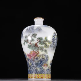A piece of Qing Dynasty material tire painting, enamel landscape artistic conception picture plum
