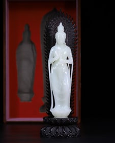 One piece of Hetian jade Guanyin pendant mahogany base