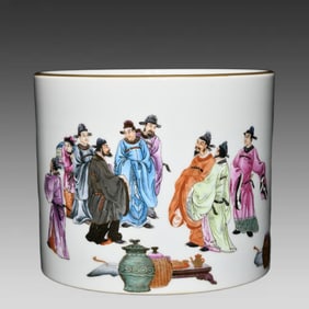 A piece of the Qing Dynasty Yongzheng year pastel eighteen bachelor picture pen holder