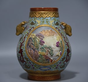 A piece of enamel color pattern of the window carved Seiko landscape deer ear