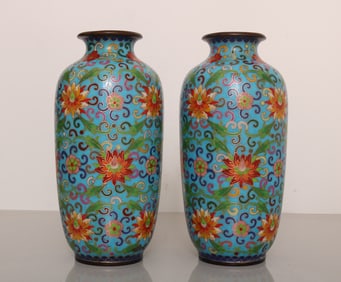 A pair of cloisonné handmade cloisonné enamel entwined lotus winter melon bottles