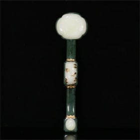 A Qing Dynasty Hetian jasper inlaid white jade gold dark eight immortals longevity pattern Ruyi