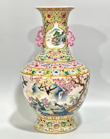 A Qing Dynasty turquoise green glazed flower entwined flower flower and bird poetry amphora made in