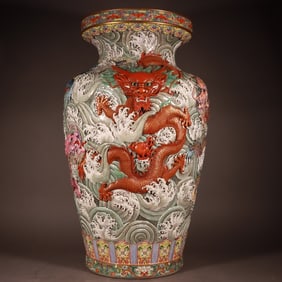 A piece of the Qing Dynasty Qianlong year of the pastel gold carving five dragons sea pattern zun