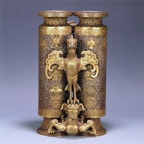 A silver-gilt dragon and phoenix diptych