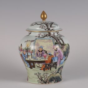 A pair of enamel color peach and plum night banquet picture general jars made in the Yongzheng year