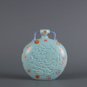 A turquoise green glaze carved phoenix pattern and pastel ball flower small flat bottle made in the