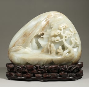 A Qing Dynasty Hetian seed material white jade landscape figure Shanzi ornament