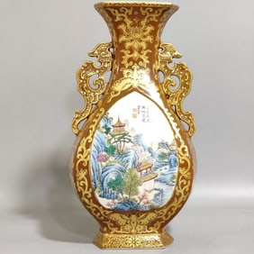 A purple gold glazed gold windows landscape hexagonal amphora made in the Qianlong year of