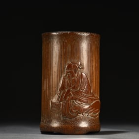 A piece of old bamboo carving character poetry pen holder from the Qing Dynasty