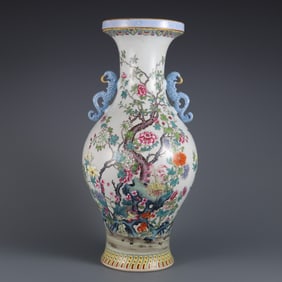 A large bottle of pastel twelve flowers inscribed poem amphora made in the Qianlong year of the Qing