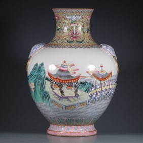 A piece of the Qing Dynasty Qianlong year of the pastel landscape pavilion animal ears Arhat Zun
