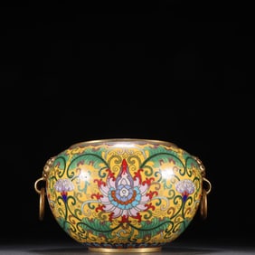A bronze gilt enamel entangled lotus pattern animal ear bowl furnace from the Qing Dynasty