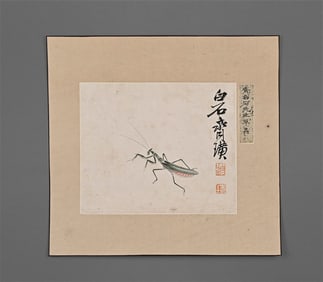 A picture of Qi Baishi's grass insects on old paper and mounted lenses