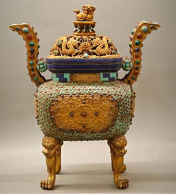 A piece of copper gilt inlaid turquoise furnace