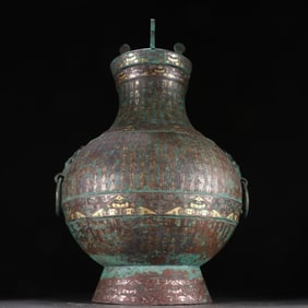 A bronze wrong gold and silver inscription double beast ear pot