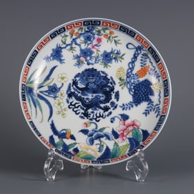 A piece of Qing Dynasty Yongzheng year made blue and white and pastel flowers cloud dragon pattern
