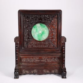 A piece of mahogany inlaid jade dragon Ganoderma lucidum insertion from the Qing Dynasty