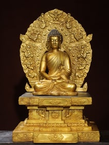 A bronze gilt backlit split statue of Amitabha Buddha
