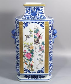 A blue and white pastel flower and bird pattern animal ear square bottle