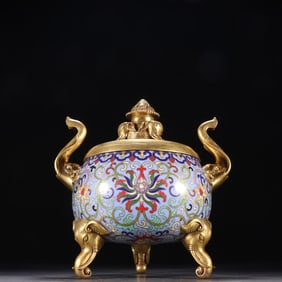 A piece of bronze gilt cloisonné enamel from the Qing Dynasty like a shou-ear incense burner