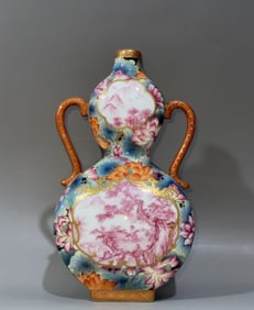 A lotus pattern made in the year of Qianlong, carmine landscape inscription, poem open window, alum