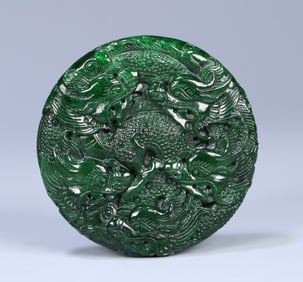 A Qing Dynasty old dry green jade nine-dragon pattern card