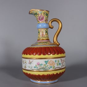 A piece of Qing Dynasty Qianlong year enamel color yellow ground carved entwined branches, lotus