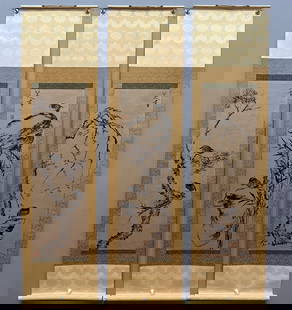 A paper with three screens of the Bada Shanren: Three screens on paper of the Bada Shanren Size: Painting core 94×30cm (The Dimensions Of All Batches Are Manually Measured.If You Need More Detailed Information, Please Contact Our Customer Service