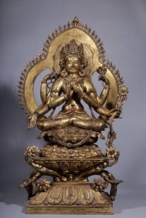 A bronze gilt six-armed Guanyin backlit statue from the Qing Dynasty: A bronze gilt six-armed Guanyin backlit statue from the Qing Dynasty Size: H:70cm L:40.5cm W:22cm W:27kg (The Dimensions Of All Batches Are Manually Measured.If You Need More Detailed Information, Ple