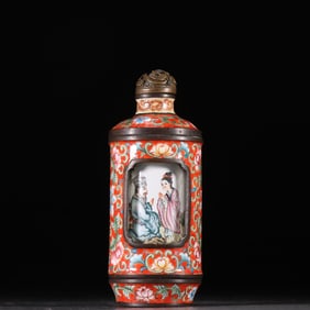 A Qing Dynasty bronze fetal painting, enamel character story, turn the heart snuff bottle