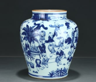 A blue and white Baizi picture jar made in the Kangxi year of the Qing Dynasty
