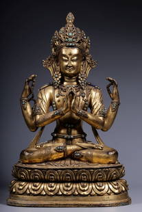 A bronze gilt turquoise four-armed Guanyin seated statue from the Qing Dynasty: A bronze gilt turquoise four-armed Guanyin sitting statue of the Qing Dynasty Size: H:27cm L:17cm W:11.5cm W:2944g (The Dimensions Of All Batches Are Manually Measured.If You Need More Detailed Inform