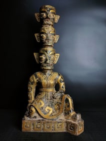 A three-headed portrait of Sanxingdui bronze and gold painting