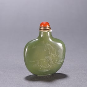 A piece of Hetian topaz double horse poetry snuff bottle from the Qing Dynasty