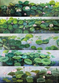 A long oil painting scroll of Wu Guanzhong's color lotus