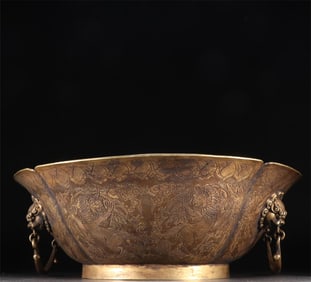 A bronze gilt double lion pattern basin from the Tang Dynasty