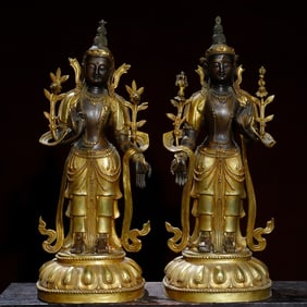 A pair of bronze gilt Tibetan Bodhisattva statues
