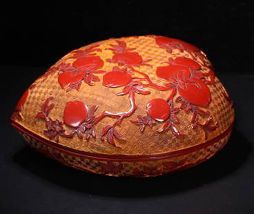 A piece of wooden tire lacquerware, red lacquer carved longevity peach cover box: Wooden tire lacquerware red lacquer carved longevity peach cover box Size: 24.5x22.5x10.5cm (The Dimensions Of All Batches Are Manually Measured.If You Need More Detailed Information, Please Contact O