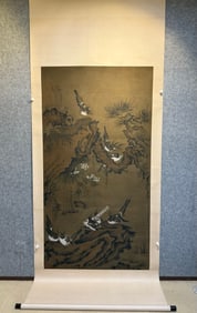A vertical scroll on silk of Zhou Zhimian's "Magpie Ancient Pine Picture".